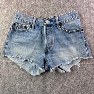 Levis Women's 25 Button Fly Distressed Light Blue Mini Shorts